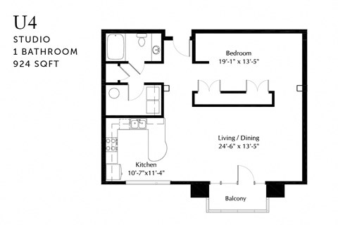 Floor plan for studio, 1 bath, 924 sqft